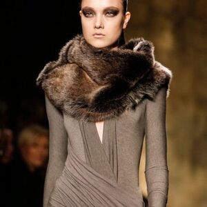 Donna Karan * Runway Chocolate Brown Lamb Shearling Stole Wrap Pull Thru Scarf